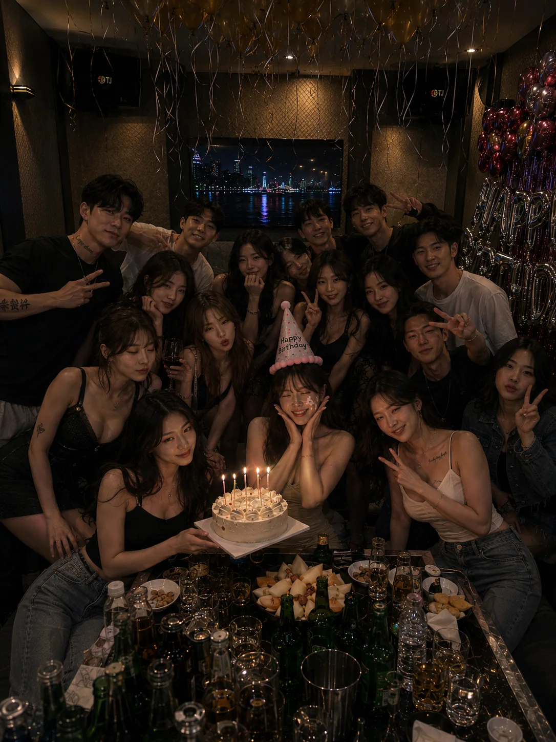 생일 케이크와 함께 기념일을 즐기는 단체 고객