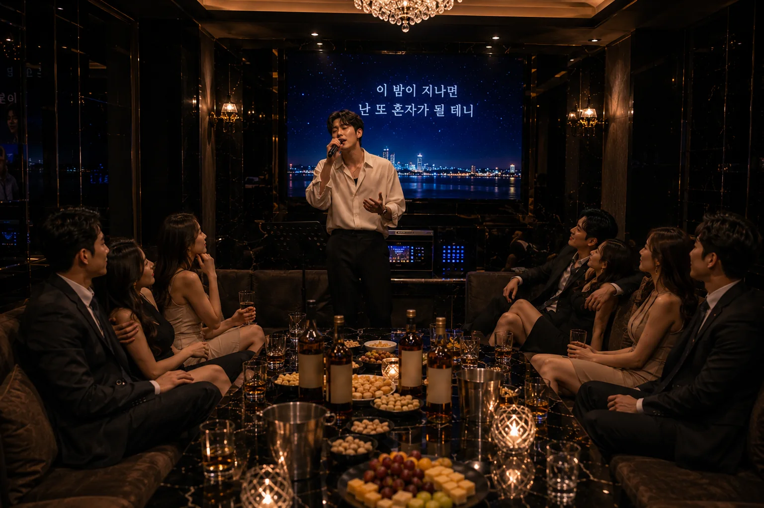프라이빗 룸에서 노래를 즐기는 단체 고객